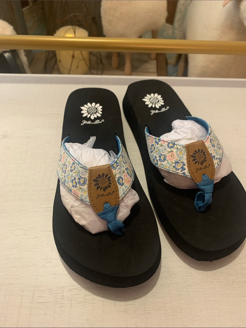 Yellow Box Floral Blue Strap Black Footbed Sandals